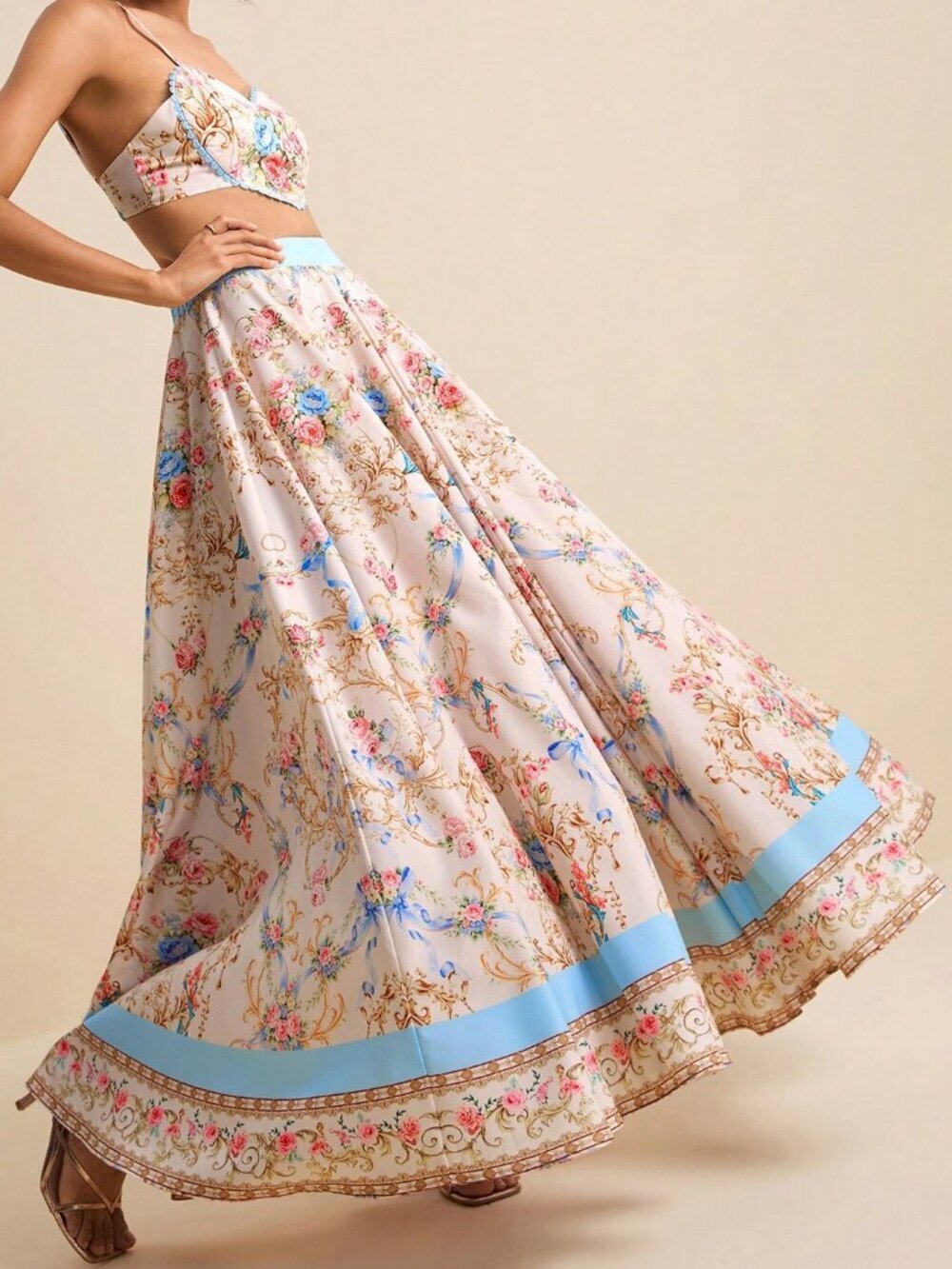 Pink Boho Women's Heart Ruffle Hem Cropped Top And Printed A-Line Mini Skirt Set - Picture 4 of 8